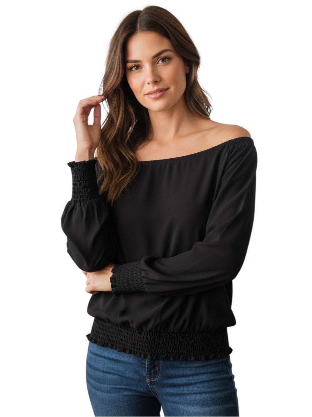 Krisa Off-Shoulder Smocked Hem Black Women's Sweater